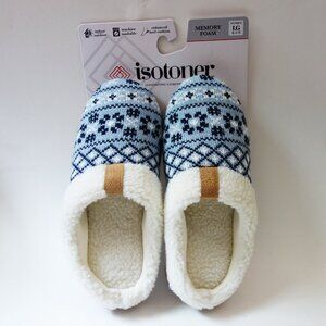 Isotoner Women'S Memory Foam Knit Faux Fur Slippers Blue and White (L-8.5-9) NEW